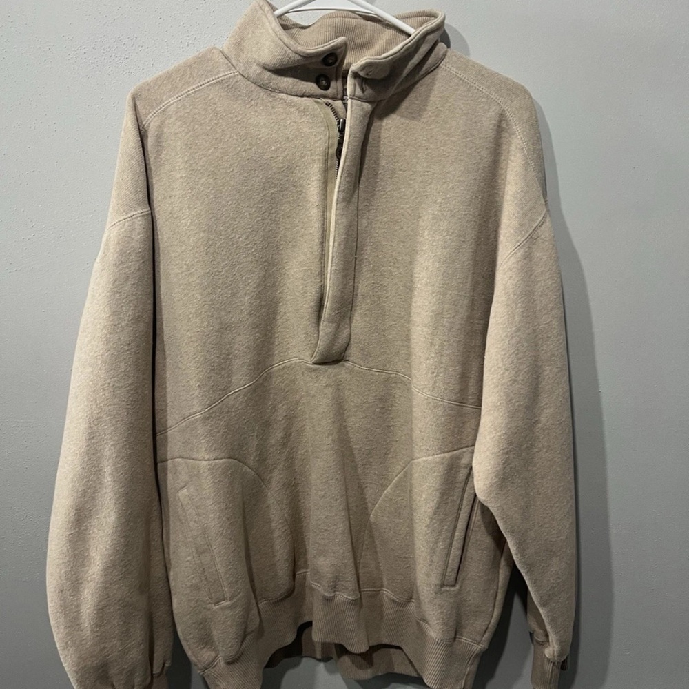 American Terrain tan quarter zip sweater with pockets, Size M